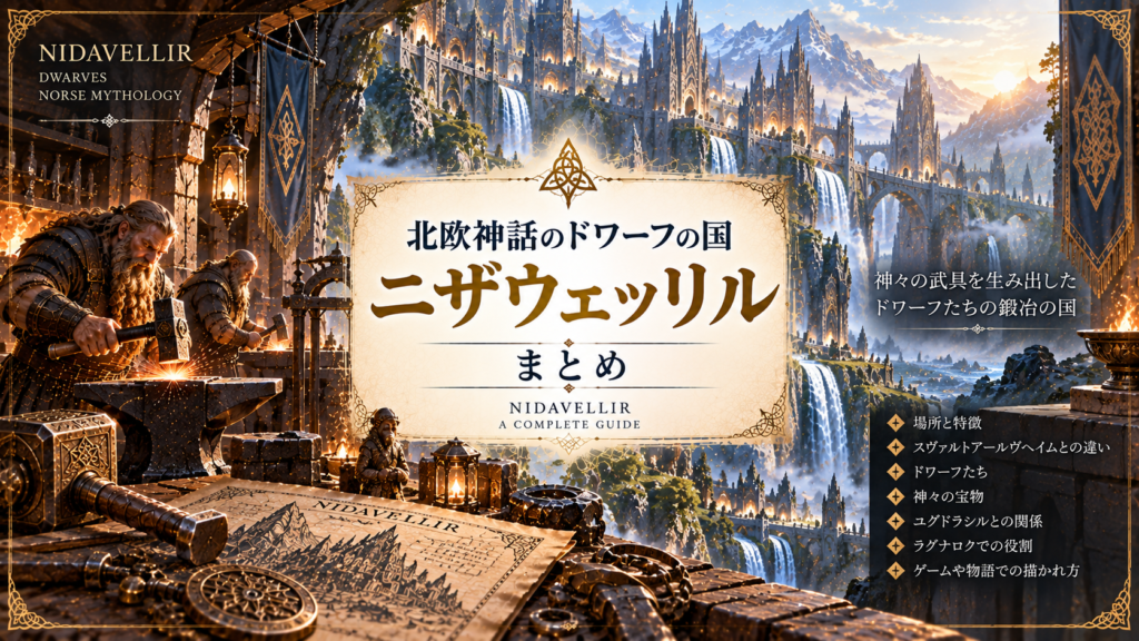北欧神話のニザウェッリルをイメージした山岳都市と鍛冶場で、ドワーフたちが武具を鍛える様子や地図、宝物を描いた見出し画像。「北欧神話のドワーフの国ニザウェッリル｜まとめ」と書かれている。