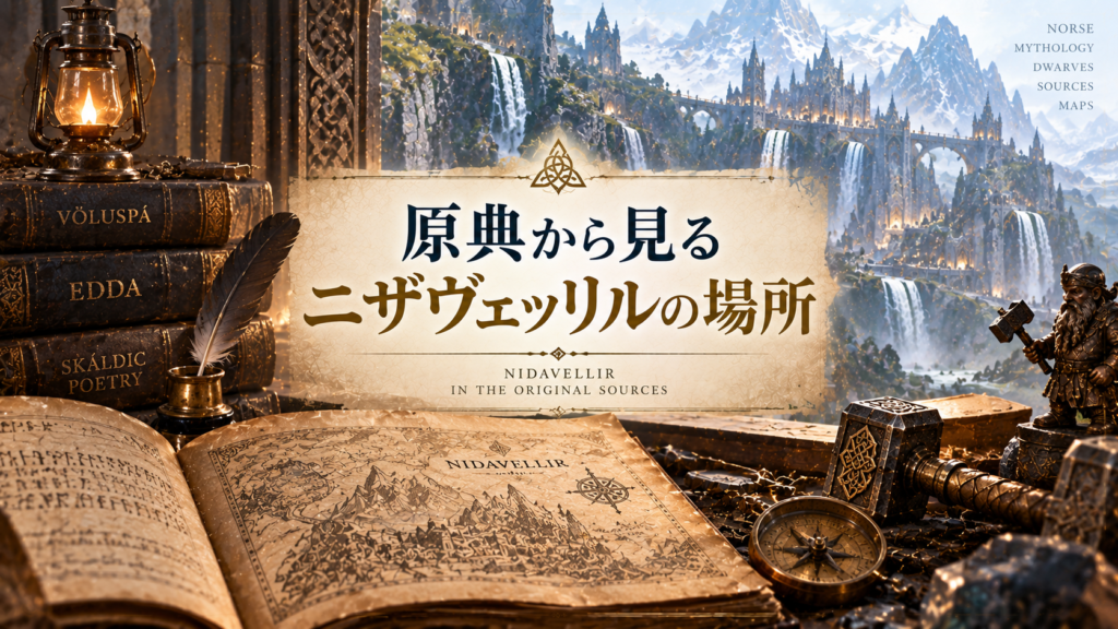 北欧神話の原典をイメージした古い書物や地図、コンパスと、山岳都市ニザヴェッリルを組み合わせた見出し画像。「原典から見るニザヴェッリルの場所」と書かれている。