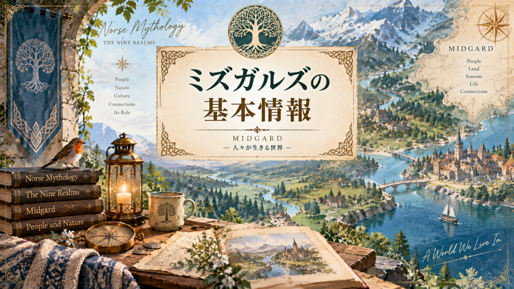 北欧神話のミズガルズを、人々が暮らす自然豊かな世界として、山・川・森・村や町とともに描いた見出し画像。「ミズガルズの基本情報」と書かれている。