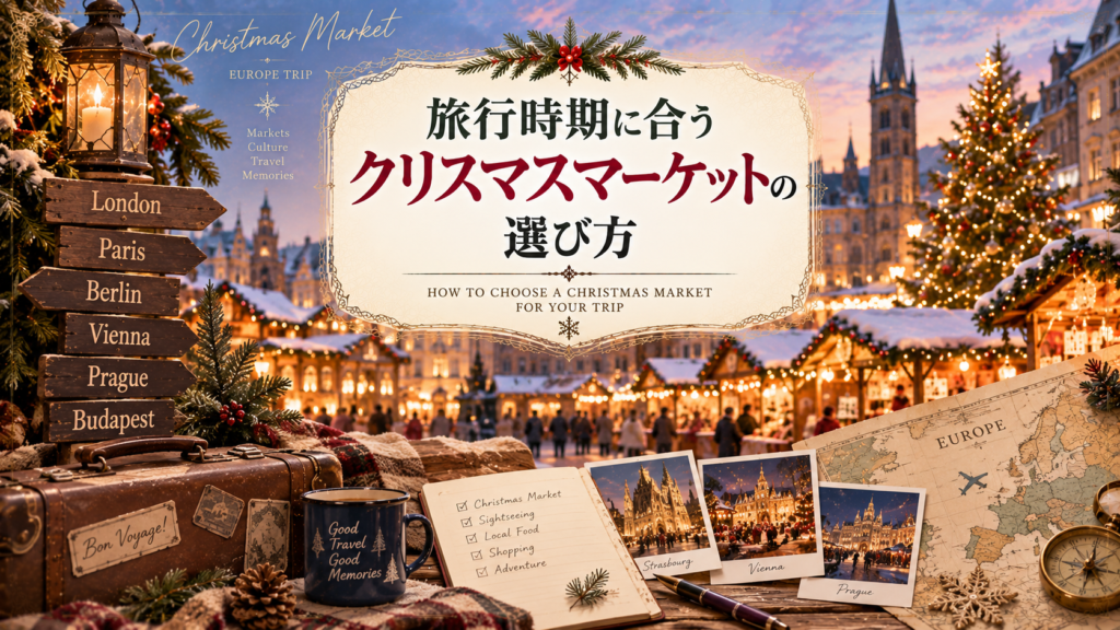 ヨーロッパのクリスマスマーケットを背景に、ロンドン・パリ・ベルリン・ウィーン・プラハ・ブダペストの行き先標識や地図、旅行ノート、写真を組み合わせた見出し画像。「旅行時期に合うクリスマスマーケットの選び方」と書かれている。