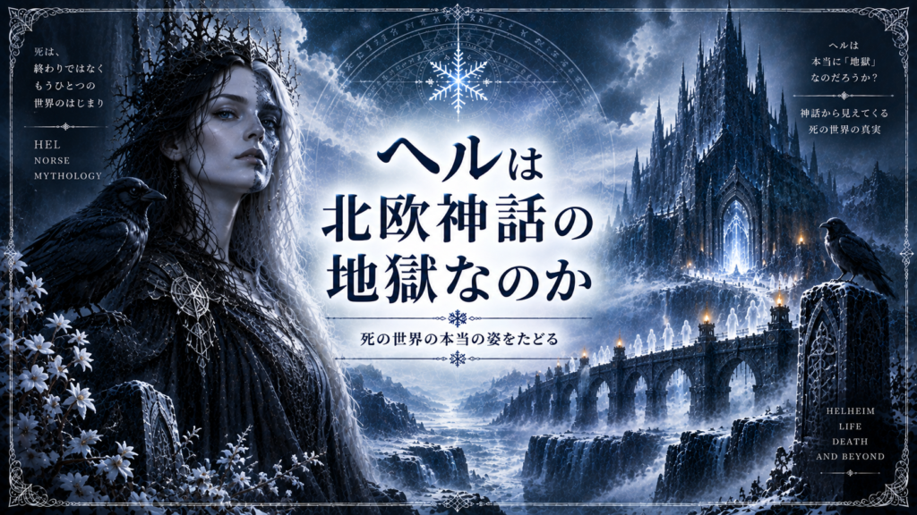 北欧神話の女神ヘルと、死者たちが向かう霧と氷に包まれた世界を描き、キリスト教的な「地獄」との違いを問いかける見出し画像。「ヘルは北欧神話の地獄なのか」と書かれている。