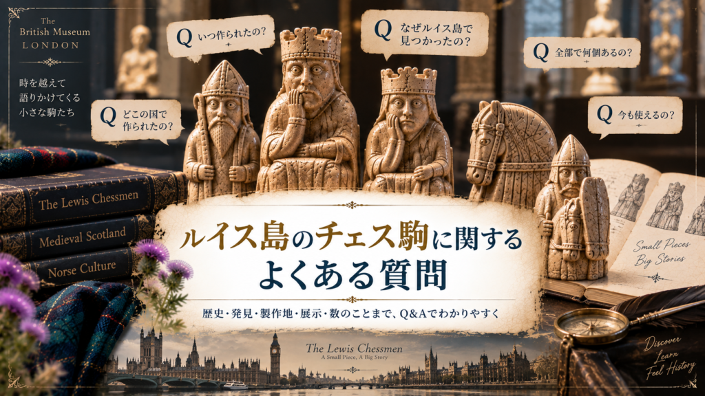 ルイス島のチェス駒を中心に、いつ作られたのか、どこで作られたのか、なぜルイス島で見つかったのか、全部で何個あるのか、現在も使えるのかといった疑問をまとめた見出し画像。「ルイス島のチェス駒に関するよくある質問」と書かれている。