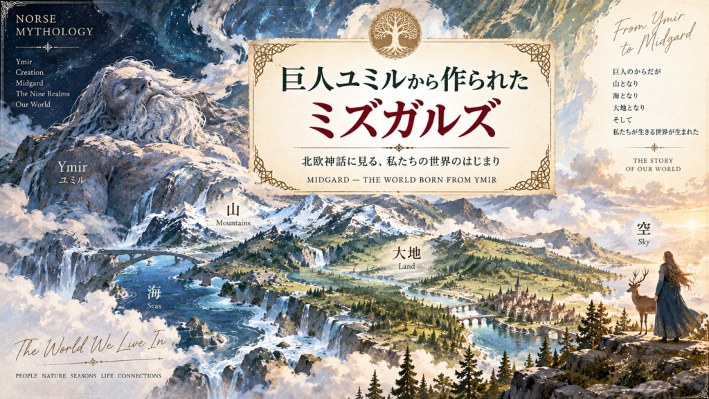 北欧神話の天地創造をイメージし、巨人ユミルの身体から山・海・大地・空が形づくられ、人間の世界ミズガルズが生まれる様子を描いた見出し画像。「巨人ユミルから作られたミズガルズ」と書かれている。