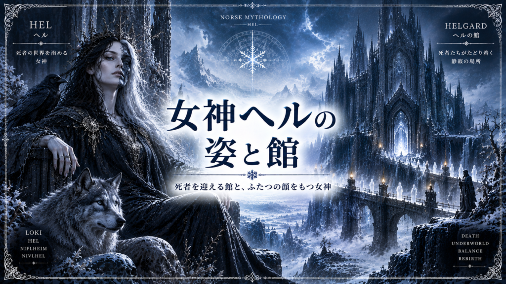 北欧神話の女神ヘルを、半身で異なる姿を持つ神秘的な存在として描き、死者が向かう館や霧と氷に包まれた冥界の風景を組み合わせた見出し画像。「女神ヘルの姿と館」と書かれている。