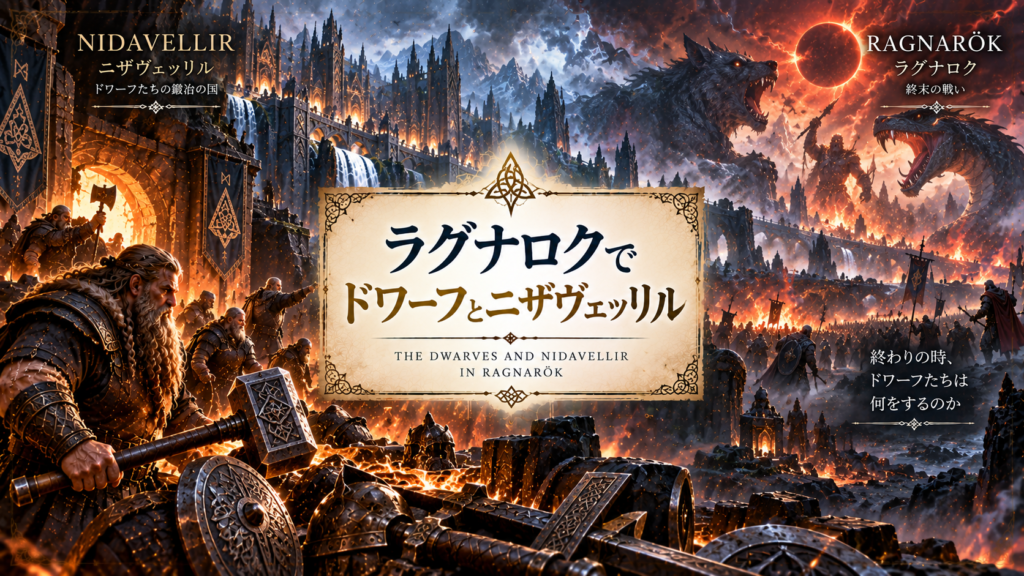 北欧神話のラグナロクをイメージした炎と戦火の世界で、ニザヴェッリルのドワーフたちが武器を手にする様子を描いた見出し画像。「ラグナロクでドワーフとニザヴェッリル」と書かれている。