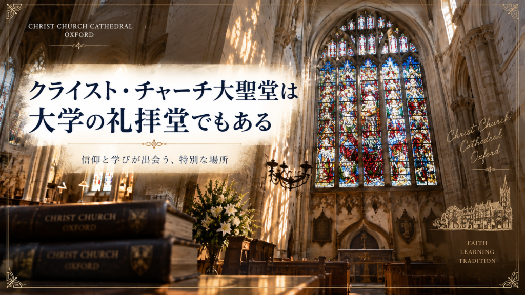 オックスフォードのクライスト・チャーチ大聖堂内部に、ステンドグラスや礼拝空間、書物を組み合わせ、大学の礼拝堂としての役割を紹介する見出し画像。「クライスト・チャーチ大聖堂は大学の礼拝堂でもある」と書かれている。