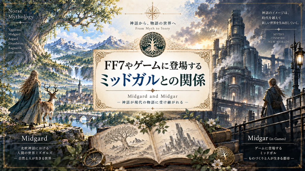 北欧神話の人間の世界ミズガルズと、FF7をイメージした巨大な工業都市ミッドガルを左右に対比して描いた見出し画像。「FF7やゲームに登場するミッドガルとの関係」と書かれている。