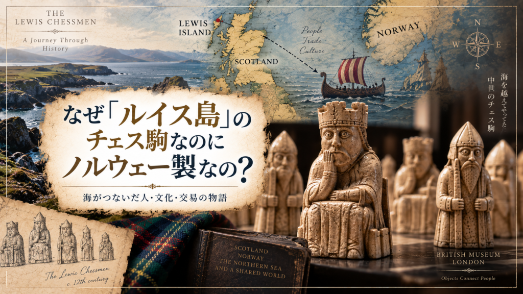 スコットランドのルイス島とノルウェーを結ぶ北海の地図や中世の船、ルイス島のチェス駒を組み合わせ、スコットランドで発見された駒がノルウェー製と考えられている背景を紹介する見出し画像。「なぜ『ルイス島』のチェス駒なのにノルウェー製なの?」と書かれている。