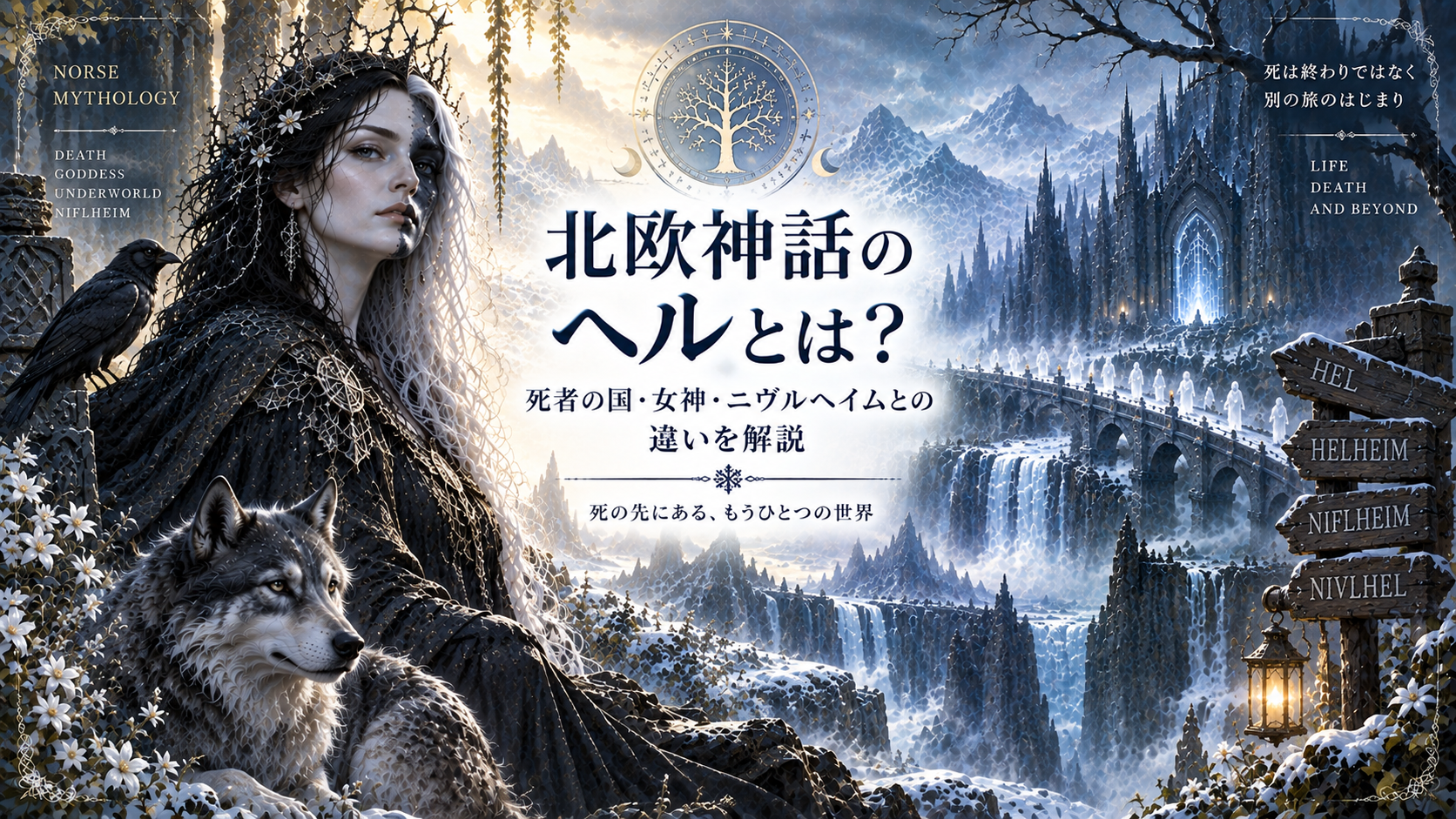 北欧神話の女神ヘルと、氷や霧に包まれた死者の国、橋を渡る魂、ヘル・ヘルヘイム・ニヴルヘイム・ニヴルヘルの案内標識を描いたアイキャッチ画像。「北欧神話のヘルとは？死者の国・女神・ニヴルヘイムとの違いを解説」と書かれている。