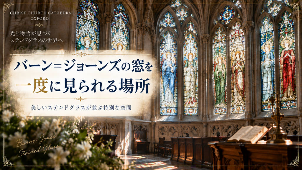 オックスフォードのクライスト・チャーチ大聖堂内部で、バーン＝ジョーンズによる複数のステンドグラスが並ぶ空間を一度に見渡せる様子を描いた見出し画像。「バーン＝ジョーンズの窓を一度に見られる場所」と書かれている。