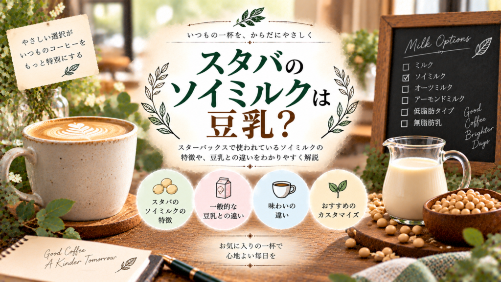 ソイミルクと豆乳をイメージしたグラスや大豆を並べ、スタバで使われているソイミルクが豆乳にあたるのか、その違いや特徴をわかりやすく紹介する見出し画像。「スタバのソイミルクは豆乳？」と書かれている。