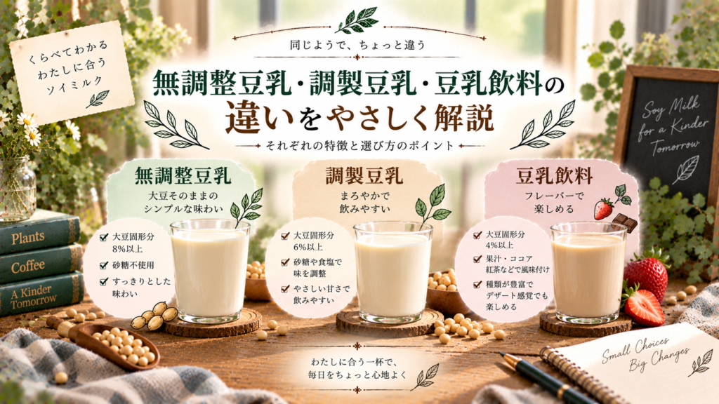 無調整豆乳・調製豆乳・豆乳飲料の3種類を並べ、大豆固形分や甘み、飲みやすさ、用途の違いをわかりやすく比較した見出し画像。「無調整豆乳・調製豆乳・豆乳飲料の違い」と書かれている。