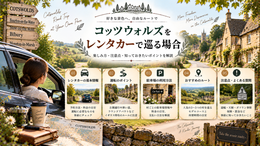 コッツウォルズの蜂蜜色の村並みや田園風景を背景に、レンタカーで巡る旅の様子と、運転のポイント・駐車場・おすすめルート・注意点をまとめた見出し画像。「コッツウォルズをレンタカーで巡る場合」と書かれている。