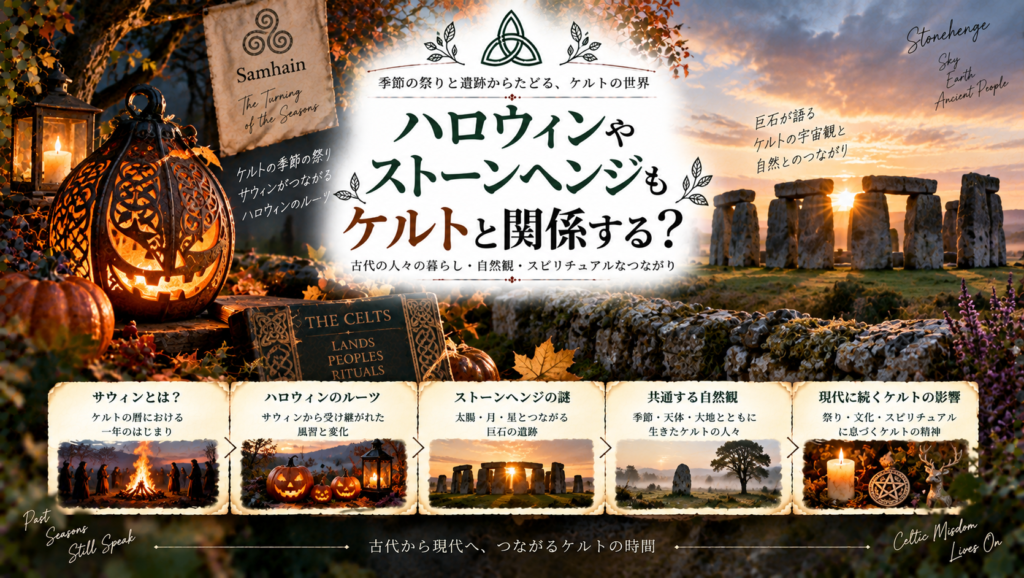 ハロウィンの起源とされるサウィン祭や、夕日に照らされたストーンヘンジ、ケルト模様、焚き火やランタンを組み合わせ、ハロウィンやストーンヘンジとケルト文化の関係を紹介する見出し画像。「ハロウィンやストーンヘンジもケルトと関係する？」と書かれている。