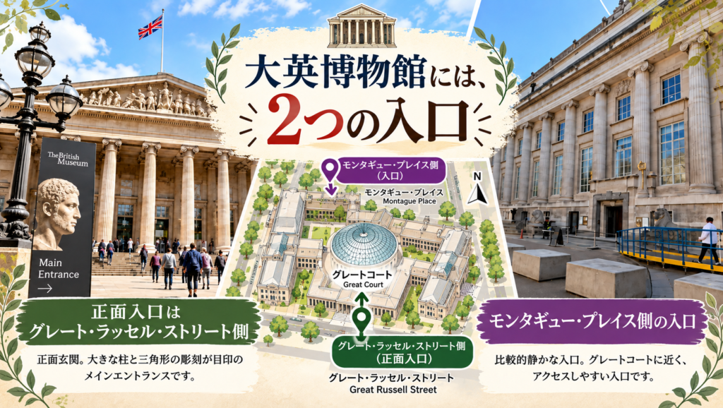 大英博物館の正面入口とグレートコート入口を並べ、それぞれの位置や雰囲気の違いを比較して紹介する見出し画像。「大英博物館の入口は2か所」と書かれている。