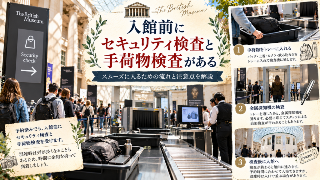 大英博物館の入館前に、手荷物をトレーに置いて確認を受け、金属探知機を通過してから館内へ進む流れを紹介する見出し画像。「入館前にセキュリティ検査と手荷物検査がある」と書かれている。