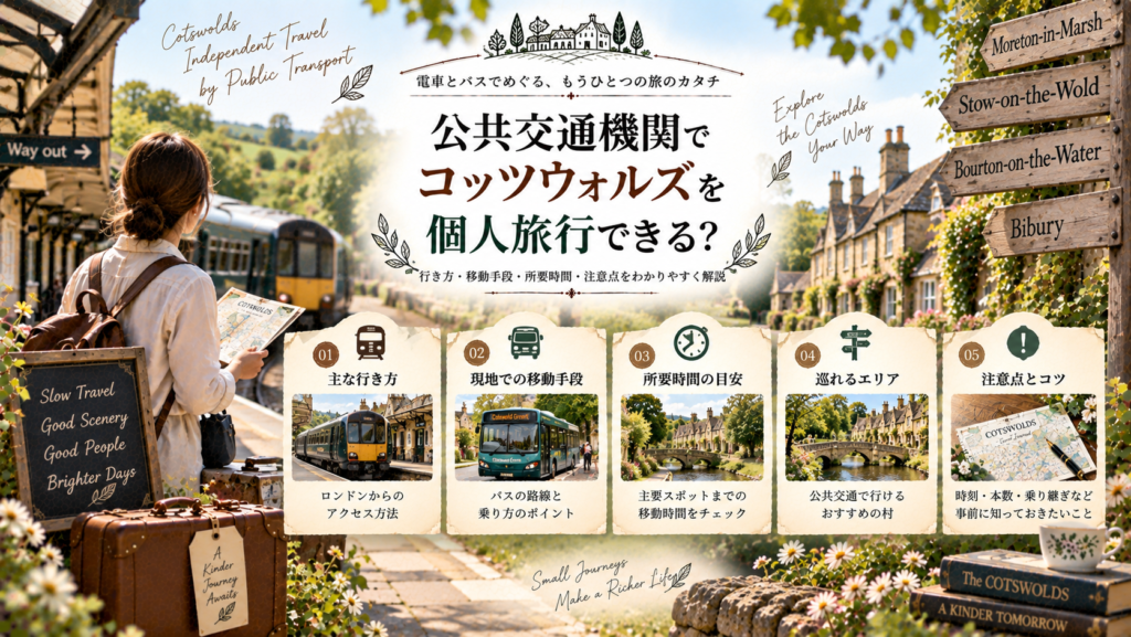 コッツウォルズの蜂蜜色の村並みを背景に、鉄道駅・路線バス・徒歩移動のイメージを組み合わせ、公共交通機関だけで個人旅行する場合の移動方法や注意点を紹介する見出し画像。「公共交通機関でコッツウォルズを個人旅行できる？」と書かれている。