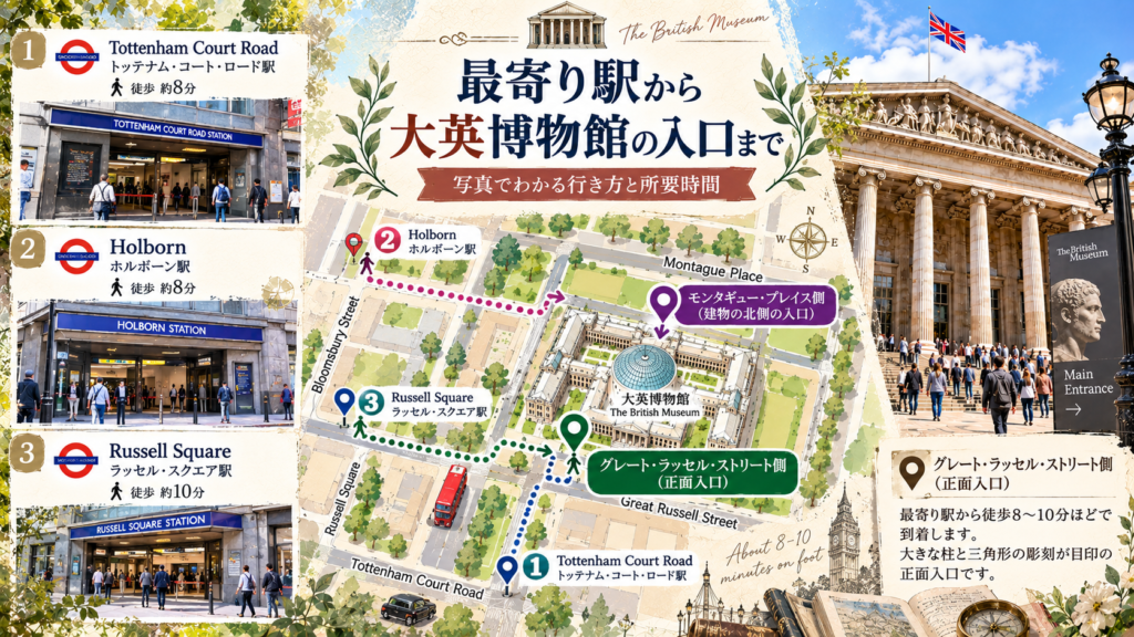 トッテナム・コート・ロード駅、ホルボーン駅、ラッセル・スクエア駅から大英博物館までの徒歩ルートを地図で示し、グレート・ラッセル・ストリート側の正面入口とモンタギュー・プレイス側の入口までの行き方を紹介する見出し画像。「最寄り駅から大英博物館の入口まで」と書かれている。