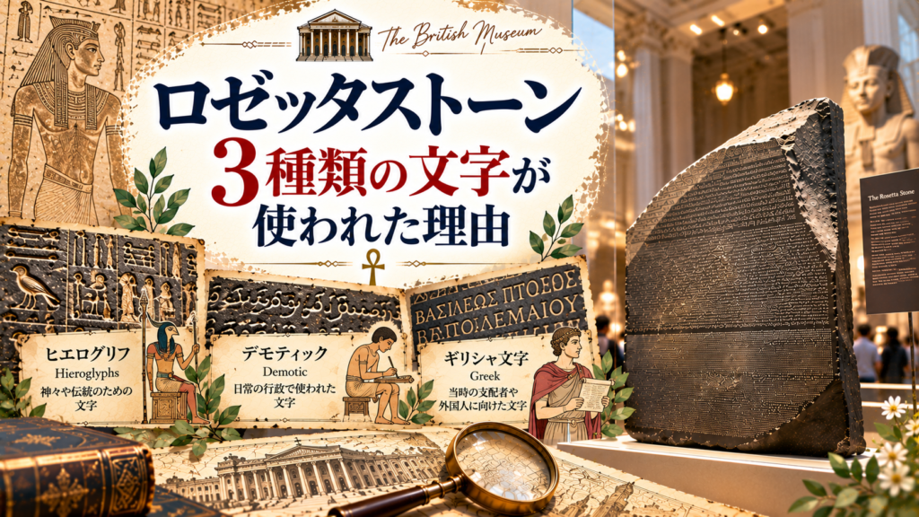 ロゼッタストーンの実物と、ヒエログリフ・デモティック・古代ギリシャ語の3種類の文字を、それぞれ宗教・行政・支配層や公的文書との関係が分かるように整理した見出し画像。「ロゼッタストーン3種類の文字が使われた理由」と書かれている。