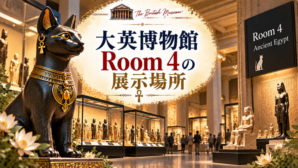 大英博物館Room 4の古代エジプト展示室とゲイヤー・アンダーソンの猫を組み合わせ、実際の展示場所や周囲の展示の雰囲気を紹介する見出し画像。「大英博物館Room 4の展示場所」と書かれている。