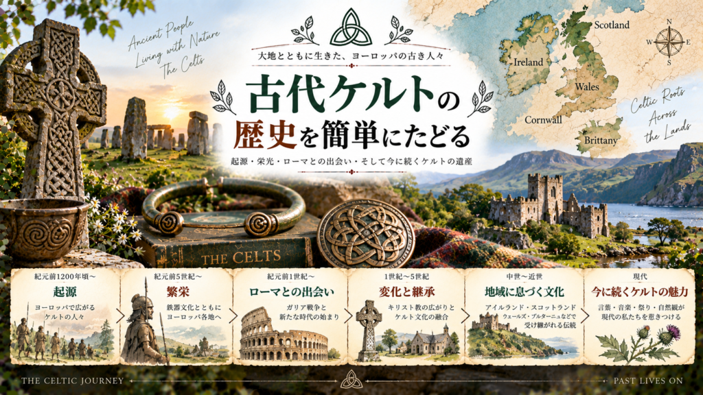 ハルシュタット文化やラ・テーヌ文化から、ローマ時代を経てアイルランドやブリテン諸島に文化が受け継がれていく流れを、古地図・ケルト模様・武具・石造りの遺跡とともにたどる見出し画像。「古代ケルトの歴史を簡単にたどる」と書かれている。
