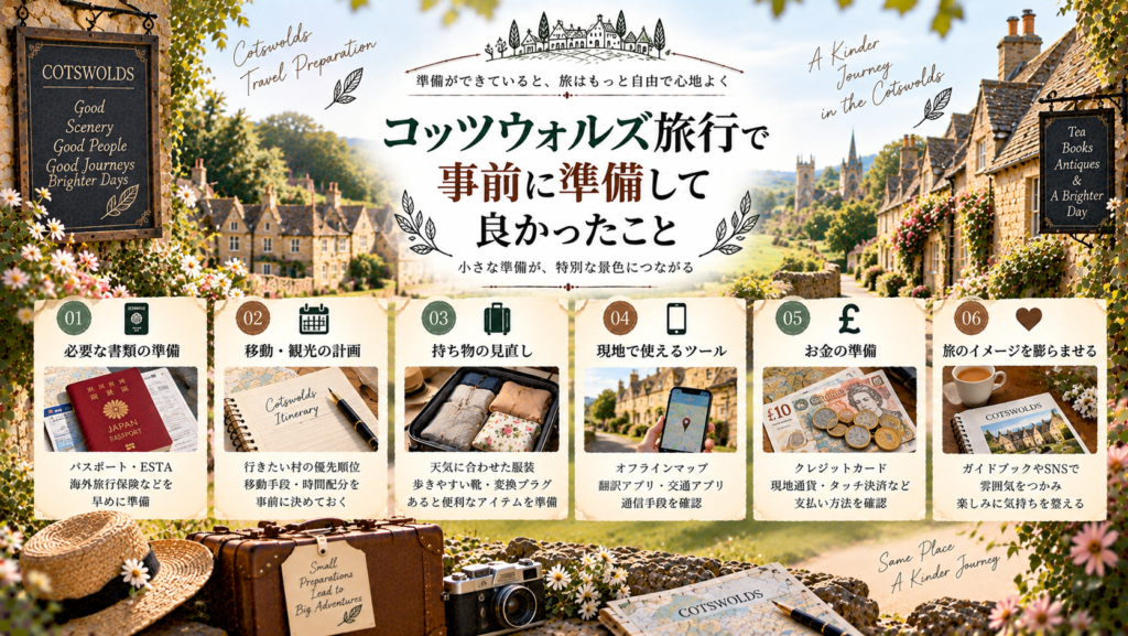 コッツウォルズの蜂蜜色の村並みを背景に、パスポートや旅程表、持ち物、地図アプリ、現地通貨、ガイドブックなど、旅行前に準備して良かったことをまとめた見出し画像。「コッツウォルズ旅行で事前に準備して良かったこと」と書かれている。