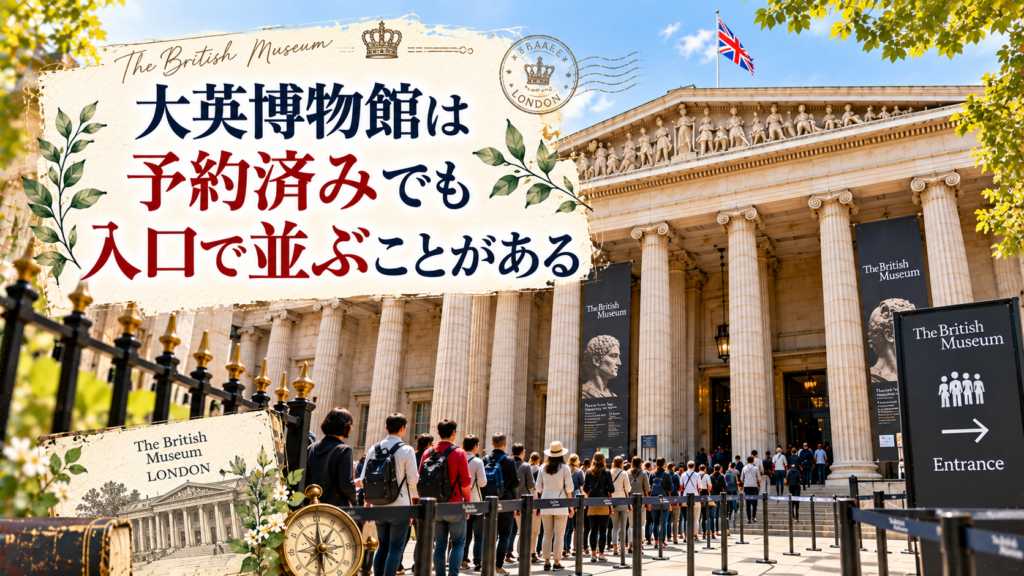 大英博物館の正面入口前にできた入場列と来館者の様子を背景に、事前予約をしていても入口で並ぶ場合があることを伝える見出し画像。「大英博物館は予約済みでも入口で並ぶことがある」と書かれている。