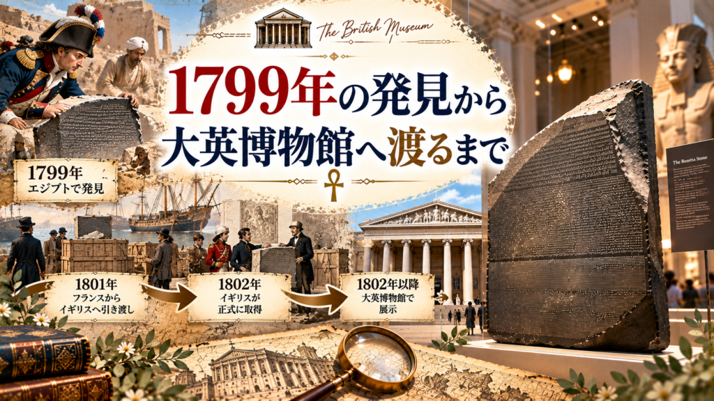 1799年にエジプトで発見されたロゼッタストーンが、フランス軍による発見から1801年のイギリス側への引き渡し、1802年の大英博物館での展示へ至る流れを、発掘・船・輸送・博物館の場面とともにたどる見出し画像。「1799年の発見から大英博物館へ渡るまで」と書かれている。