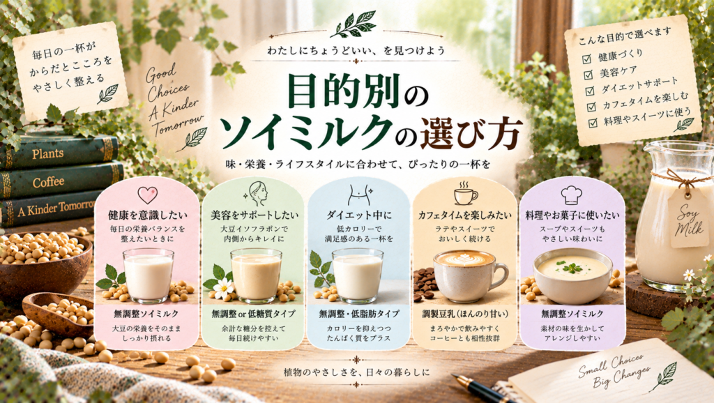 健康、美容、ダイエット、カフェタイム、料理などの目的に合わせて、無調整豆乳や調製豆乳などのソイミルクを選ぶポイントを整理した見出し画像。「目的別のソイミルクの選び方」と書かれている。