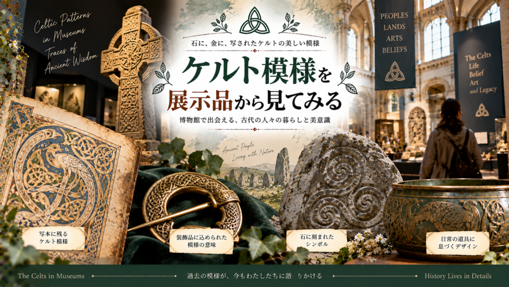 ケルト模様が施された写本、金属装飾品、石彫、器などの展示品を並べ、組紐文様や渦巻き、動物文様といった特徴を博物館の展示を通して紹介する見出し画像。「ケルト模様を展示品から見てみる」と書かれている。