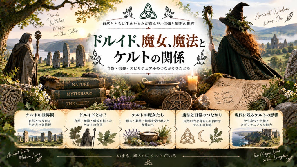 ケルト文化を背景に、ドルイド、魔女、魔法のイメージと古代の信仰や自然観、伝承とのつながりを整理して紹介する見出し画像。「ドルイド、魔女、魔法とケルトの関係」と書かれている。