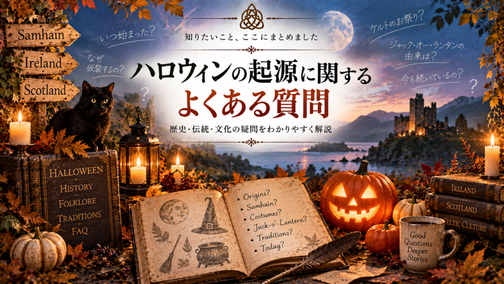 サウィン祭、仮装、ジャック・オー・ランタン、アイルランドやスコットランドの伝統など、ハロウィンの起源に関する疑問を、古書やランタン、カボチャ、ケルトの風景とともにまとめた見出し画像。「ハロウィンの起源に関するよくある質問」と書かれている。