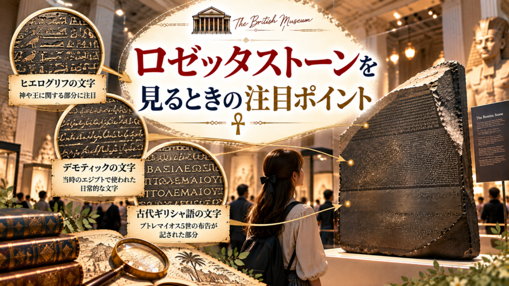 大英博物館に展示されているロゼッタストーンを前に、ヒエログリフ・デモティック・古代ギリシャ語の文字部分を拡大し、石の欠けや表面の質感など現地で注目したいポイントを紹介する見出し画像。「ロゼッタストーンを見るときの注目ポイント」と書かれている。