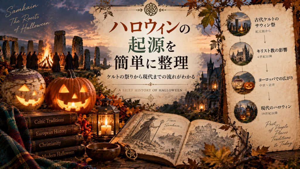 古代ケルトのサウィン祭、キリスト教の影響、ヨーロッパでの広がり、現代のハロウィンまでの流れを、焚き火やカブ・カボチャのランタン、教会、年表とともに整理した見出し画像。「ハロウィンの起源を簡単に整理」と書かれている。