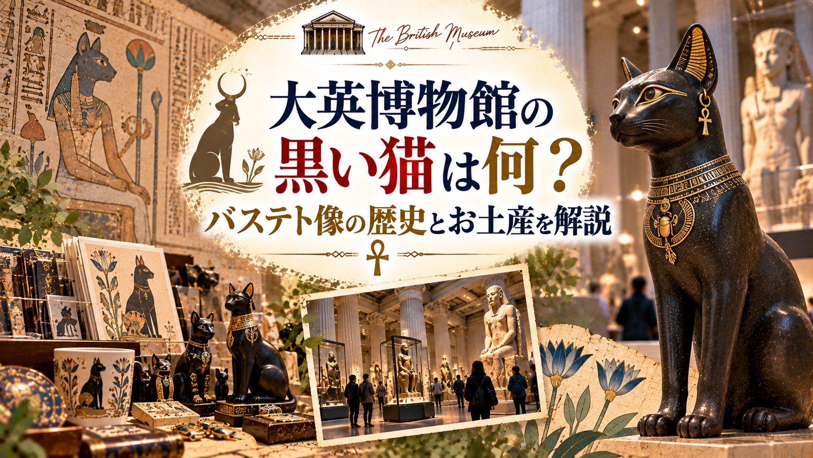 大英博物館のエジプト展示にある黒い猫のバステト像と、猫モチーフのフィギュアやポストカードなどのお土産を組み合わせ、バステトの歴史と人気の理由を紹介するアイキャッチ画像。「大英博物館の黒い猫は何？バステト像の歴史とお土産を解説」と書かれている。