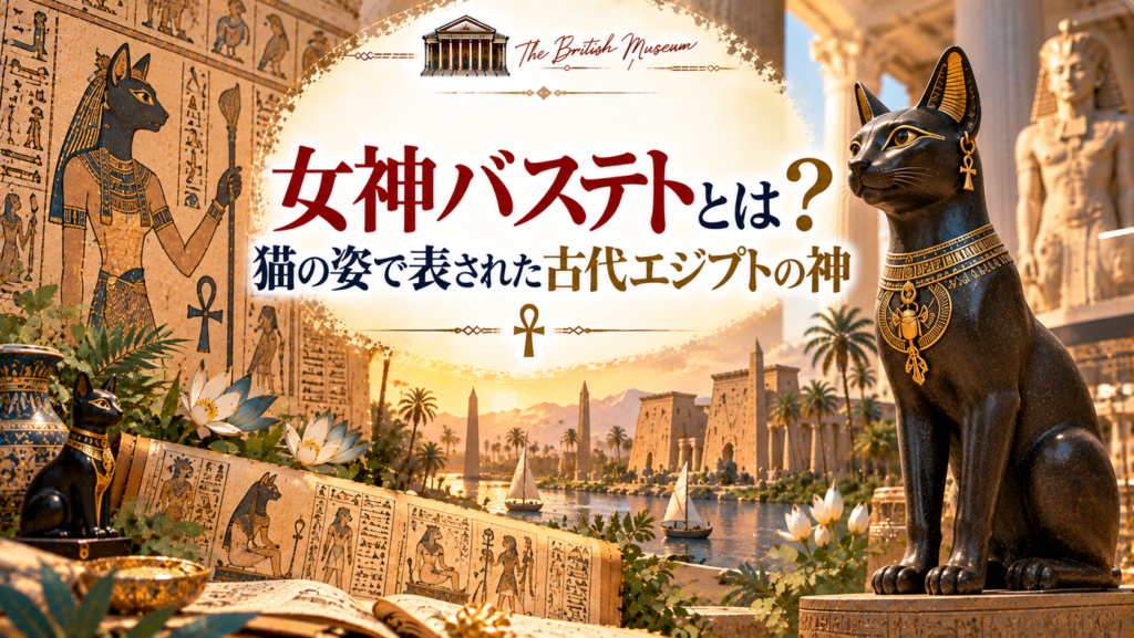 猫の姿で表された女神バステトの像と古代エジプトの神殿、パピルス、ロータスなどを組み合わせ、家庭・女性・音楽・香りなどと結びついた信仰の背景を紹介する見出し画像。「女神バステトとは？猫の姿で表された古代エジプトの神」と書かれている。