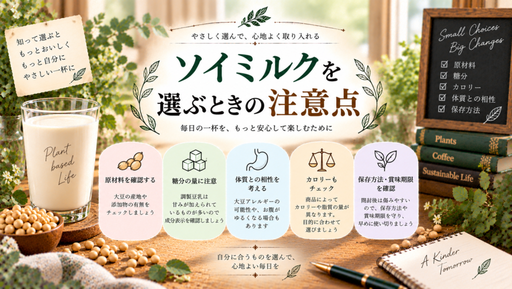 ソイミルクと大豆を背景に、種類・原材料・大豆の産地・糖質や添加物・大豆アレルギーなど、選ぶときに確認したいポイントをまとめた見出し画像。「ソイミルクを選ぶときの注意点」と書かれている。