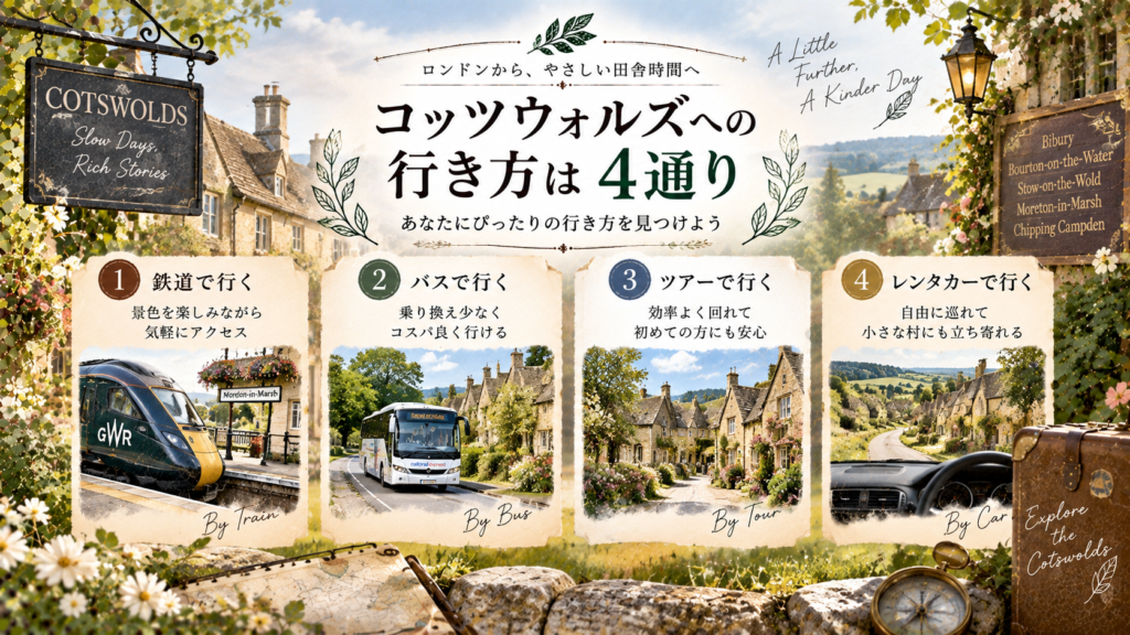 コッツウォルズの蜂蜜色の村並みを背景に、鉄道・バス・ツアー・レンタカーの4つのアクセス方法を比較した見出し画像。「コッツウォルズへの行き方は4通り」と書かれている。