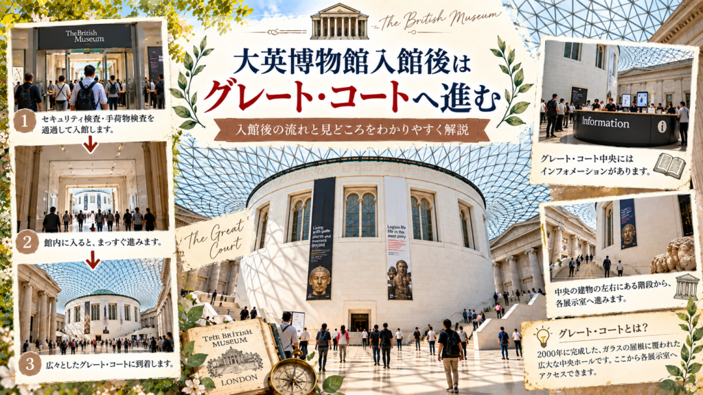 大英博物館のセキュリティ検査を通過したあと、ガラス屋根が広がるグレート・コートへ進み、インフォメーションや各展示室へ向かう流れを紹介する見出し画像。「大英博物館入館後はグレート・コートへ進む」と書かれている。