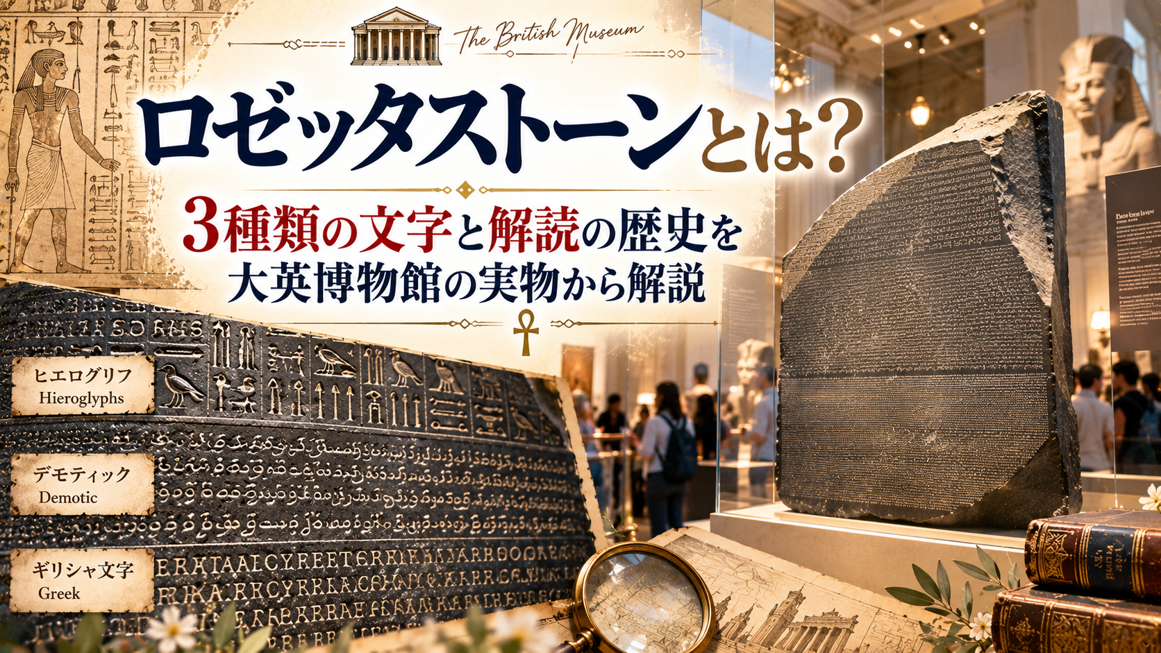 大英博物館に展示されているロゼッタストーンの実物と、ヒエログリフ・デモティック・古代ギリシャ語の3種類の文字を並べ、解読の歴史と特徴を紹介するアイキャッチ画像。「ロゼッタストーンとは？3種類の文字と解読の歴史を大英博物館の実物から解説」と書かれている。