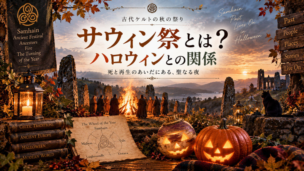 古代ケルトのサウィン祭をイメージし、焚き火を囲む人々や石柱、カブとカボチャのランタン、秋の風景を組み合わせて、ハロウィンとのつながりを表現した見出し画像。「サウィン祭とは？ハロウィンとの関係」と書かれている。