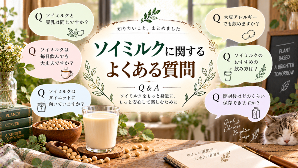 ソイミルクと大豆を背景に、豆乳との違い、栄養、オーツミルクとの違い、選び方、注意点など、ソイミルクに関する代表的な疑問をまとめた見出し画像。「ソイミルクに関するよくある質問」と書かれている。