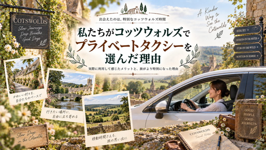 コッツウォルズの蜂蜜色の村並みや田園風景を背景に、白い車を運転する髪を一つに結んだ40代の日本人女性ドライバーと、村を自由に巡る旅の様子を表現した見出し画像。「私たちがコッツウォルズでプライベートタクシーを選んだ理由」と書かれている。
