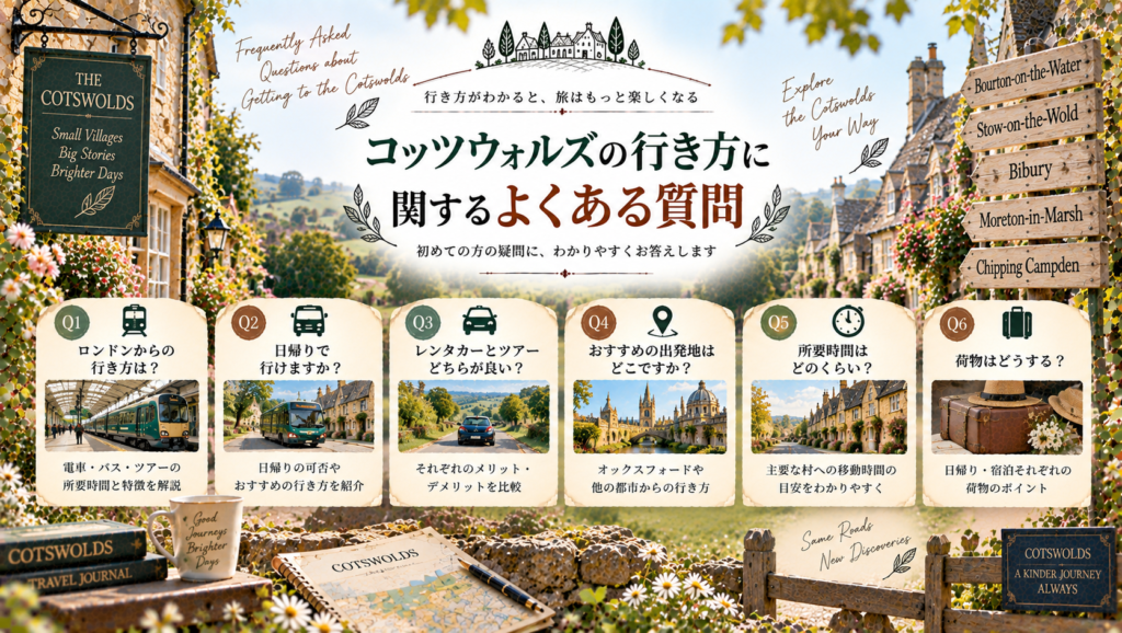 コッツウォルズの蜂蜜色の村並みを背景に、ロンドンからの行き方、日帰り旅行、レンタカーとツアーの違い、出発地、所要時間、荷物など、アクセスに関するよくある疑問をまとめた見出し画像。「コッツウォルズの行き方に関するよくある質問」と書かれている。