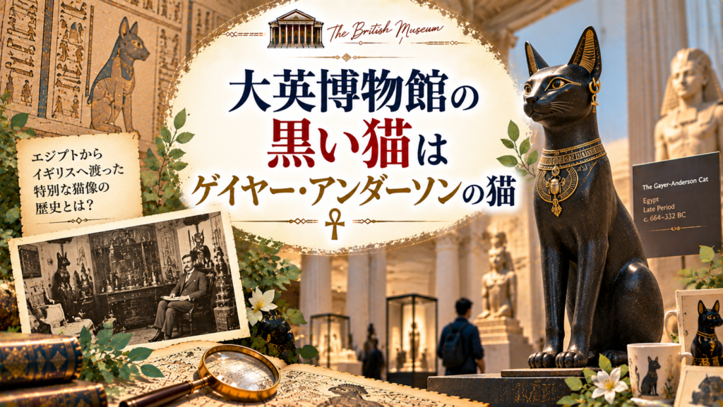 大英博物館に展示されている黒い猫の像「ゲイヤー・アンダーソンの猫」を中心に、古代エジプトの猫崇拝やバステトとの関係を紹介する見出し画像。「大英博物館の黒い猫はゲイヤー・アンダーソンの猫」と書かれている。