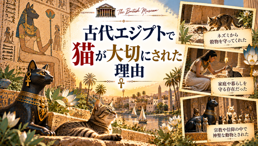 古代エジプトの暮らしの中で、猫がネズミから穀物を守り、家庭で身近な存在として親しまれ、さらに宗教や信仰の中で神聖視されていった理由を紹介する見出し画像。「古代エジプトで猫が大切にされた理由」と書かれている。