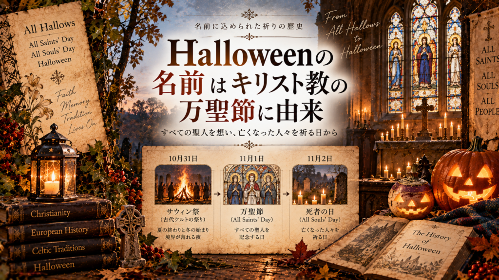 All Hallows’ EveからHalloweenへと名前が変化した背景を、万聖節・死者の日・サウィン祭の流れ、教会やステンドグラス、ろうそく、カブとカボチャのランタンとともに表現した見出し画像。「Halloweenの名前はキリスト教の万聖節に由来」と書かれている。