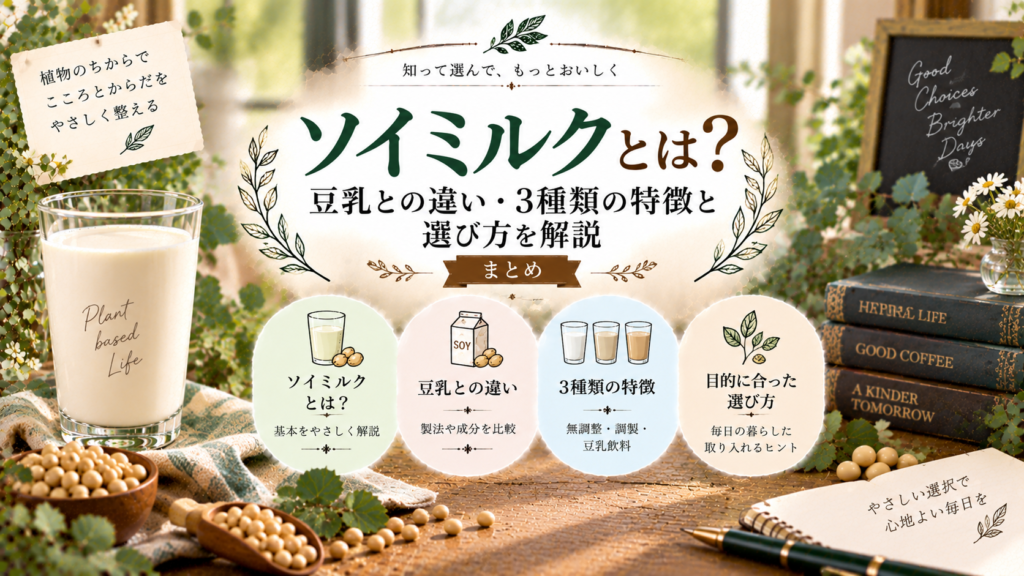 ソイミルクと大豆を背景に、豆乳との違い、3種類の特徴、目的に合った選び方までをわかりやすく整理したまとめ見出し画像。「ソイミルクとは？豆乳との違い・3種類の特徴と選び方を解説｜まとめ」と書かれている。