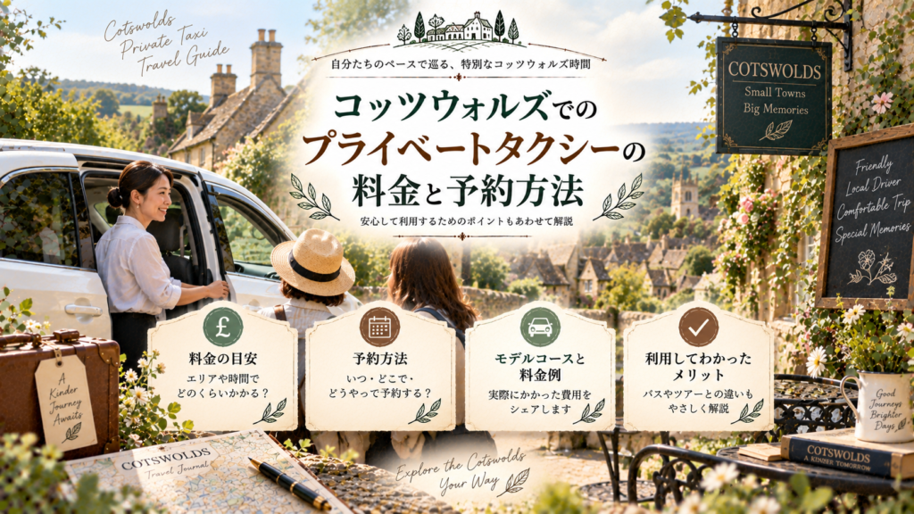 コッツウォルズの蜂蜜色の村並みと白い車、日本人女性ドライバーを背景に、プライベートタクシーの料金目安・予約方法・モデルコース・利用するメリットを紹介する見出し画像。「コッツウォルズでのプライベートタクシーの料金と予約方法」と書かれている。