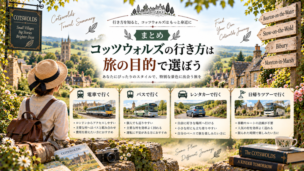 コッツウォルズの村並みや田園風景を背景に、電車・バス・レンタカー・日帰りツアーなどの移動方法を並べ、旅の目的や自由度、費用に合わせて行き方を選ぶポイントをまとめた見出し画像。「まとめ｜コッツウォルズの行き方は旅の目的で選ぼう」と書かれている。